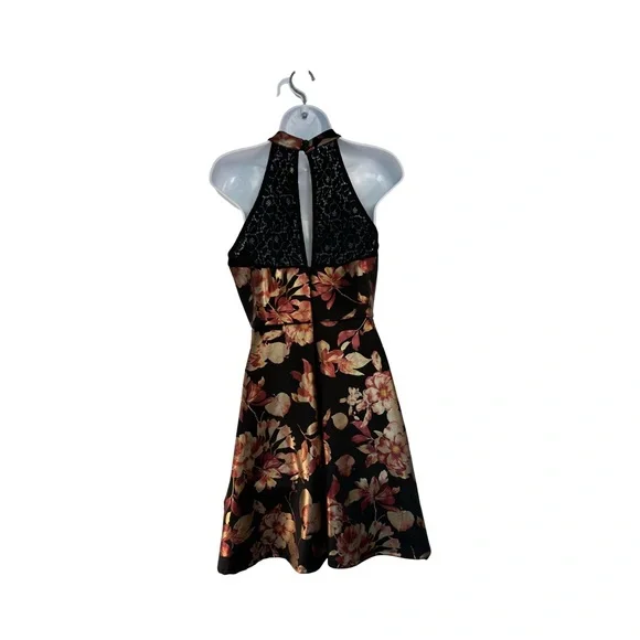 Black metallic gold and rose floral halter mini dress size large made in USA - Picture 4 of 9